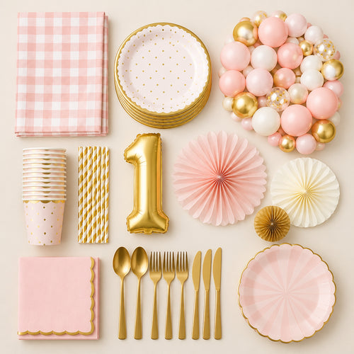 Everything included in the first birthday party kit, flat lay