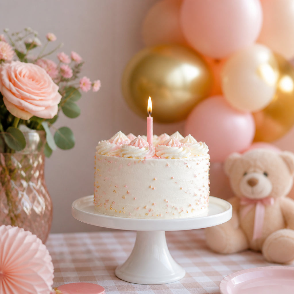 First birthday smash cake with one candle and pastel decorations