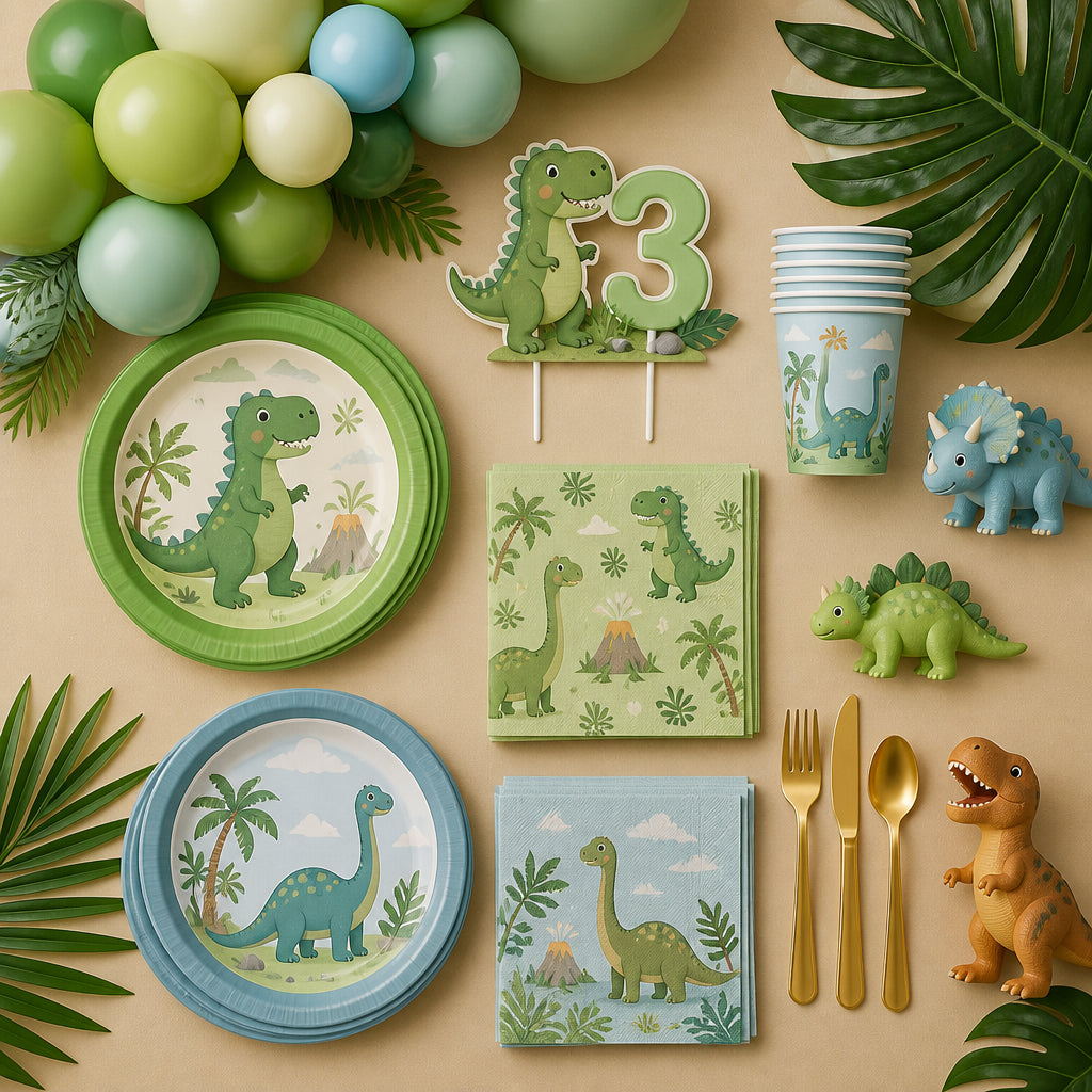 Everything included in the dinosaur party kit, flat lay