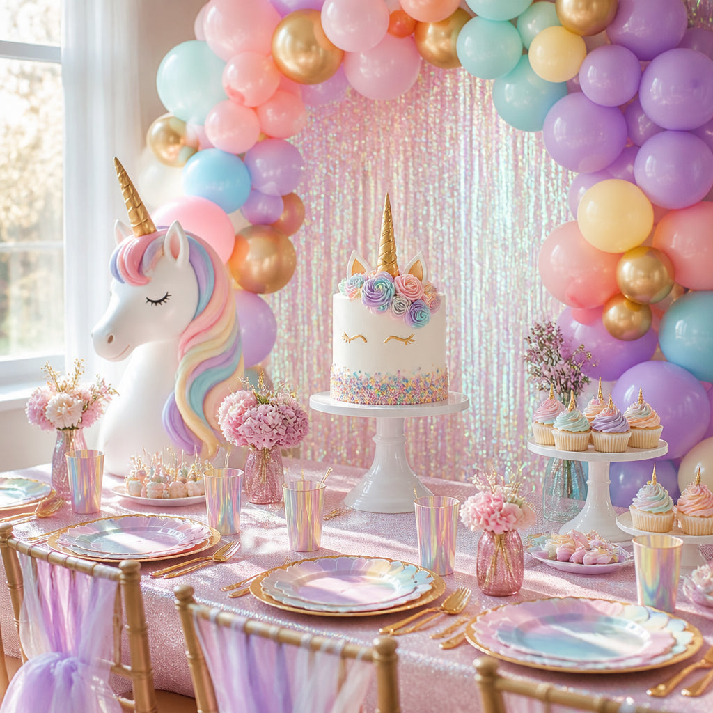 Unicorn party kit styled table with rainbow balloon arch and cake