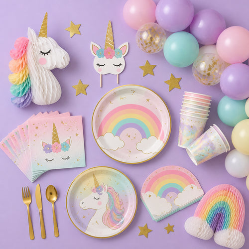 Everything included in the unicorn party kit, flat lay