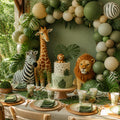 Jungle safari party kit styled table with animals and cake