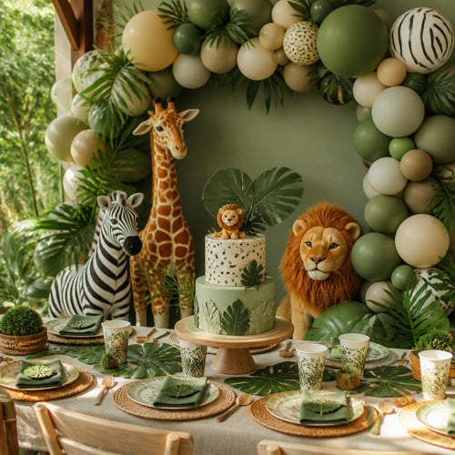 Jungle safari party kit styled table with animals and cake