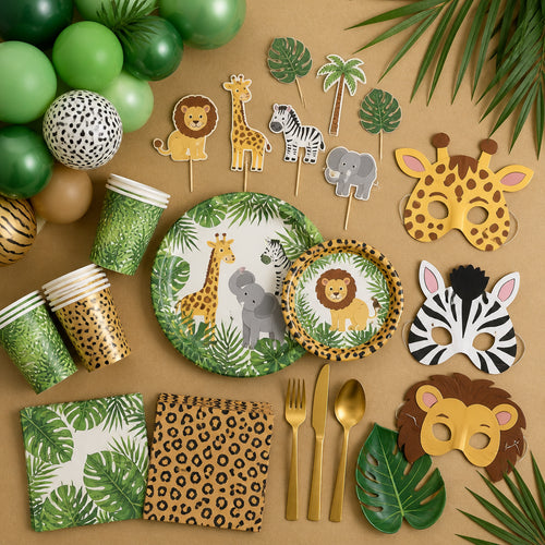 Everything included in the jungle safari party kit, flat lay